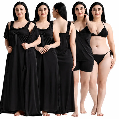 Women's 6-Piece Satin Nightwear Lingerie Set with Robe, Nighty, Babydoll, Shorts, Bra & Panty – Black