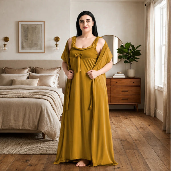 Women's 6-Piece Satin Nightwear Lingerie Set with Robe, Nighty, Babydoll, Shorts, Bra & Panty – Yellow