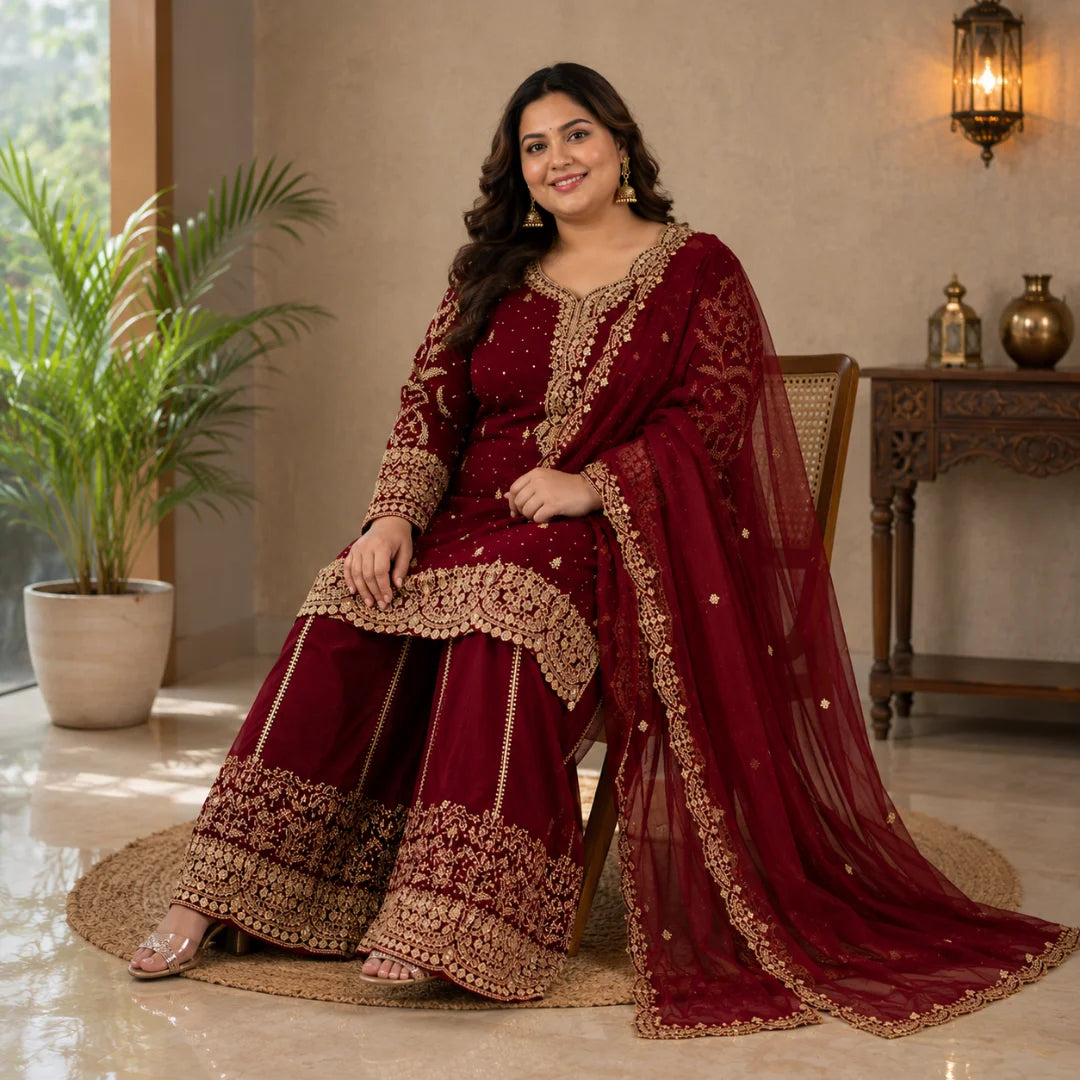 Women's Embroidered Silk Kurta Sharara & Dupatta Set