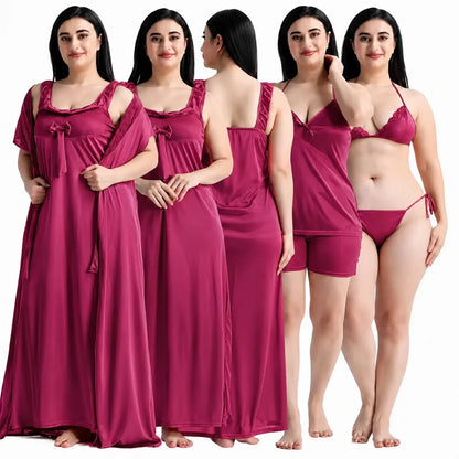 Women's 6-Piece Satin Nightwear Lingerie Set with Robe, Nighty, Babydoll, Shorts, Bra & Panty – Pink