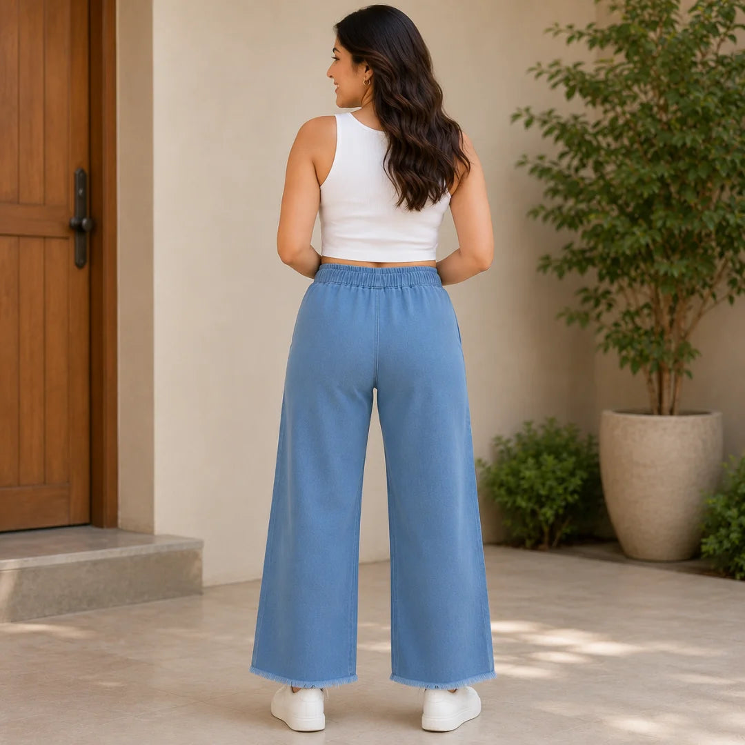 Women's Straight Fit Denim Jeans with Elastic Waist & Drawstring | Pocket-Free Design