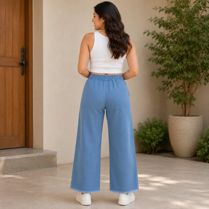 Women's Straight Fit Denim Jeans with Elastic Waist & Drawstring | Pocket-Free Design