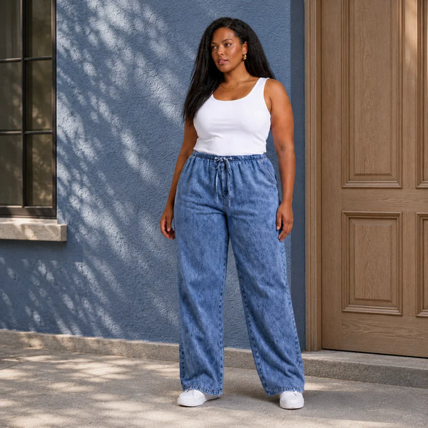 Womens elasticated waist loose straight fit Jeans KGDJNS-404037