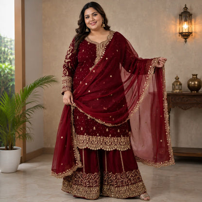 Women's Embroidered Silk Kurta Sharara & Dupatta Set