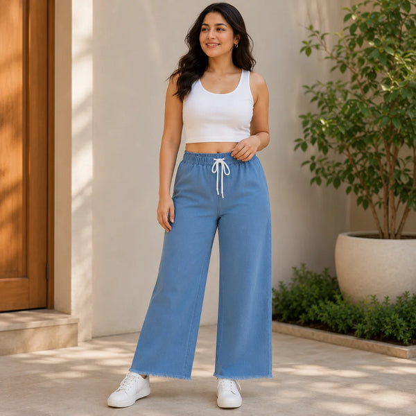 Women's Straight Fit Denim Jeans with Elastic Waist & Drawstring | Pocket-Free Design