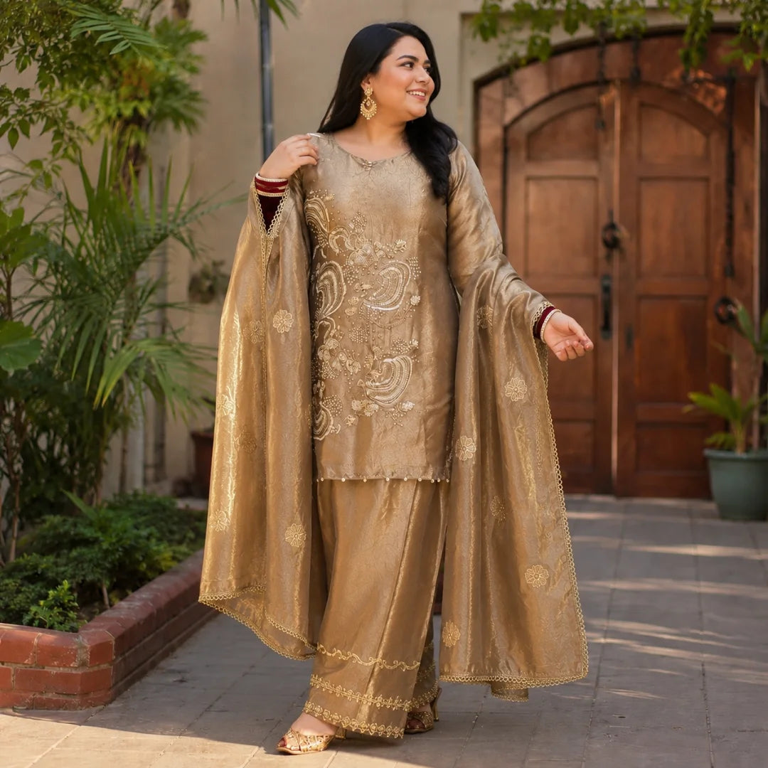 Women's Embroidered Cotton Silk Kurta Palazzo & Dupatta Set