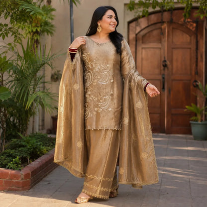 Women's Embroidered Cotton Silk Kurta Palazzo & Dupatta Set