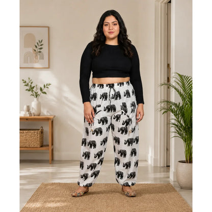 Cotton Harem Pants with Elephant Print & Front Thigh Pockets – Relaxed Fit