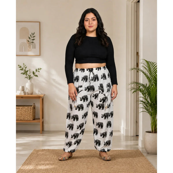 Cotton Harem Pants with Elephant Print & Front Thigh Pockets – Relaxed Fit