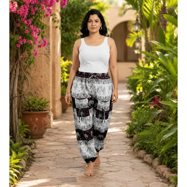 Navy Blue & White Cotton Harem Pants with Elephant Print & Front Thigh Pockets – Relaxed Fit