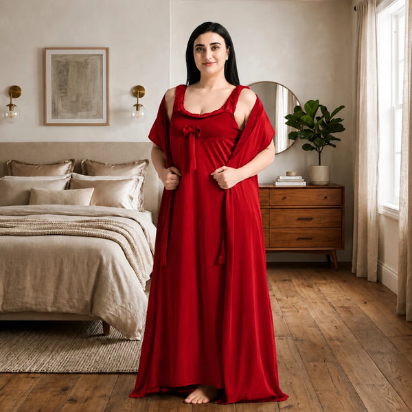 Women's 6-Piece Satin Nightwear Lingerie Set with Robe, Nighty, Babydoll, Shorts, Bra & Panty – Red