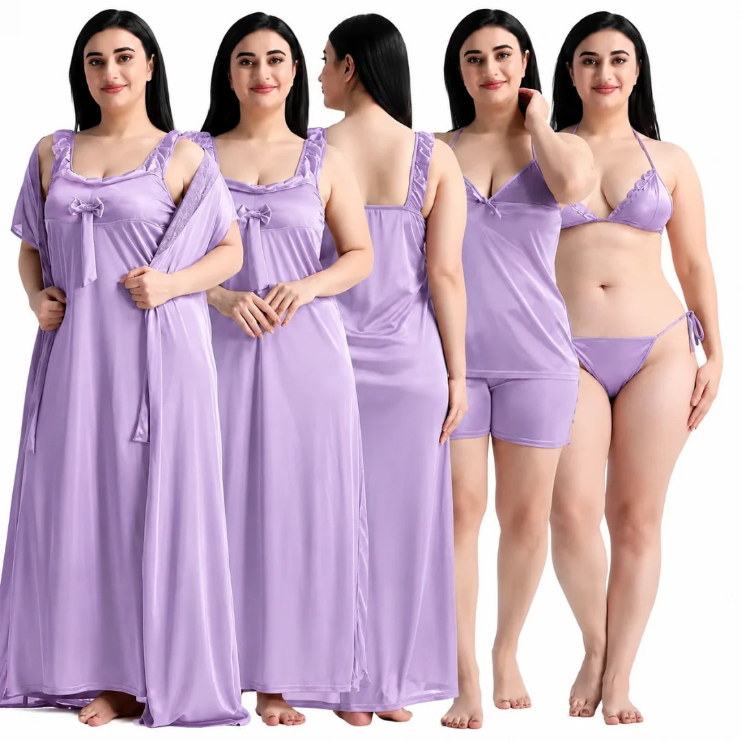 Women's 6-Piece Satin Nightwear Lingerie Set with Robe, Nighty, Babydoll, Shorts, Bra & Panty – Levender