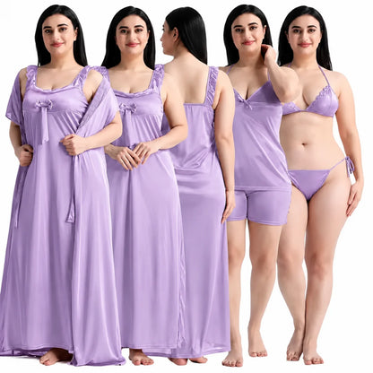 Women's 6-Piece Satin Nightwear Lingerie Set with Robe, Nighty, Babydoll, Shorts, Bra & Panty – Levender