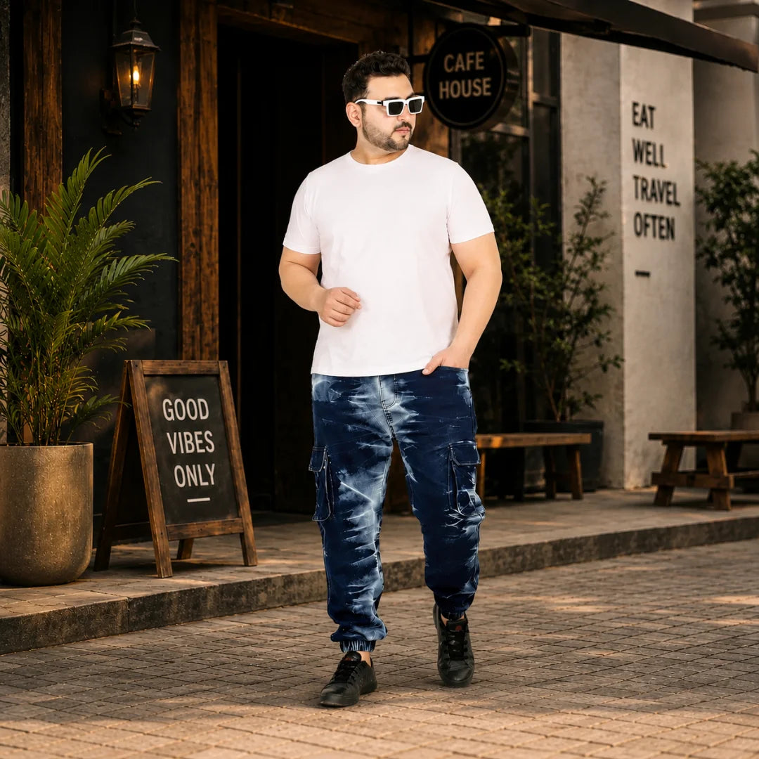 Kagad Men Regular and Plus Size Regular Fit Navy White Color Blast Denim Jeans Jogger - Style Code "KGDJGR-406002