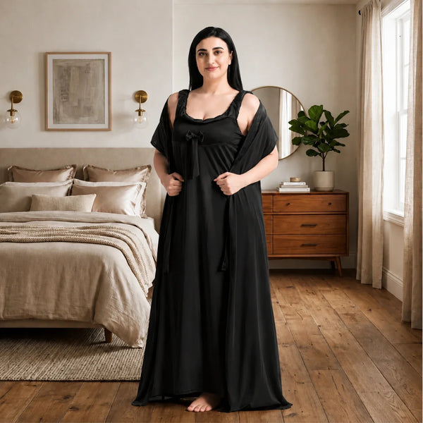 Women's 6-Piece Satin Nightwear Lingerie Set with Robe, Nighty, Babydoll, Shorts, Bra & Panty – Black