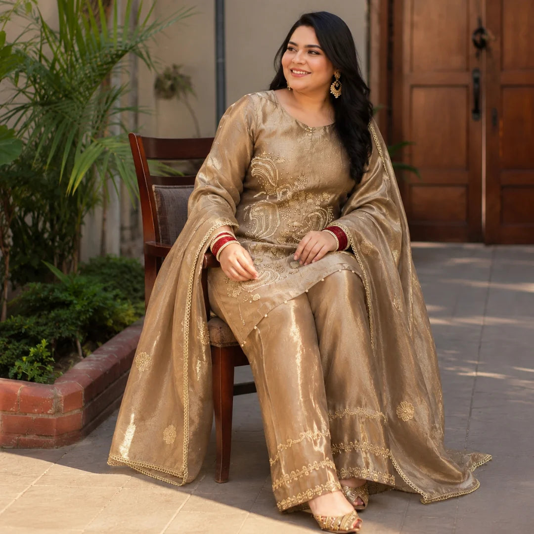 Women's Embroidered Cotton Silk Kurta Palazzo & Dupatta Set