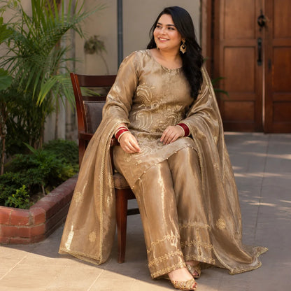 Women's Embroidered Cotton Silk Kurta Palazzo & Dupatta Set