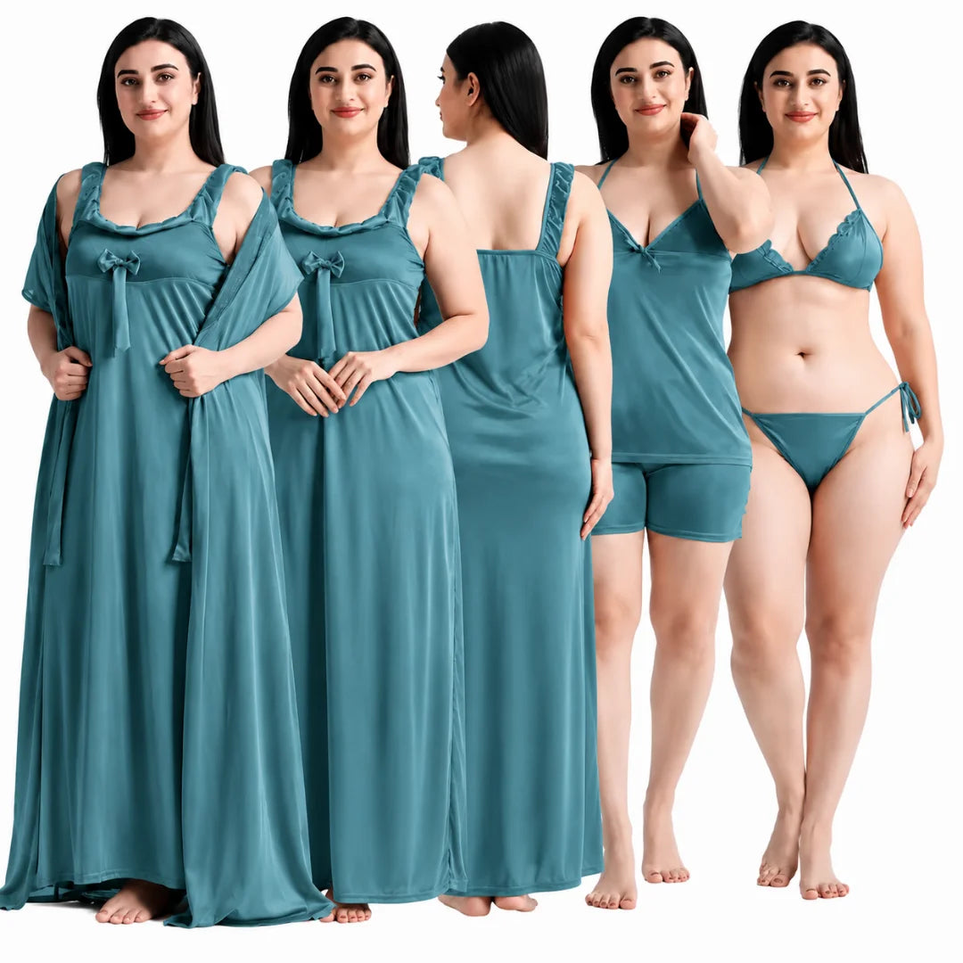 Women's 6-Piece Satin Nightwear Lingerie Set with Robe, Nighty, Babydoll, Shorts, Bra & Panty – Aqua Blue