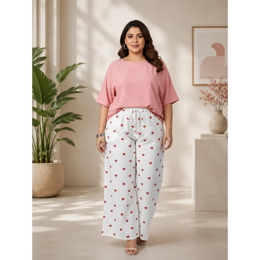 White Rayon Palazzo Pants with Heart Print & Side Pocket – Relaxed Fit